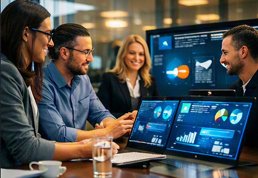 Marketing team reviewing advertising performance metrics on laptops in an office
