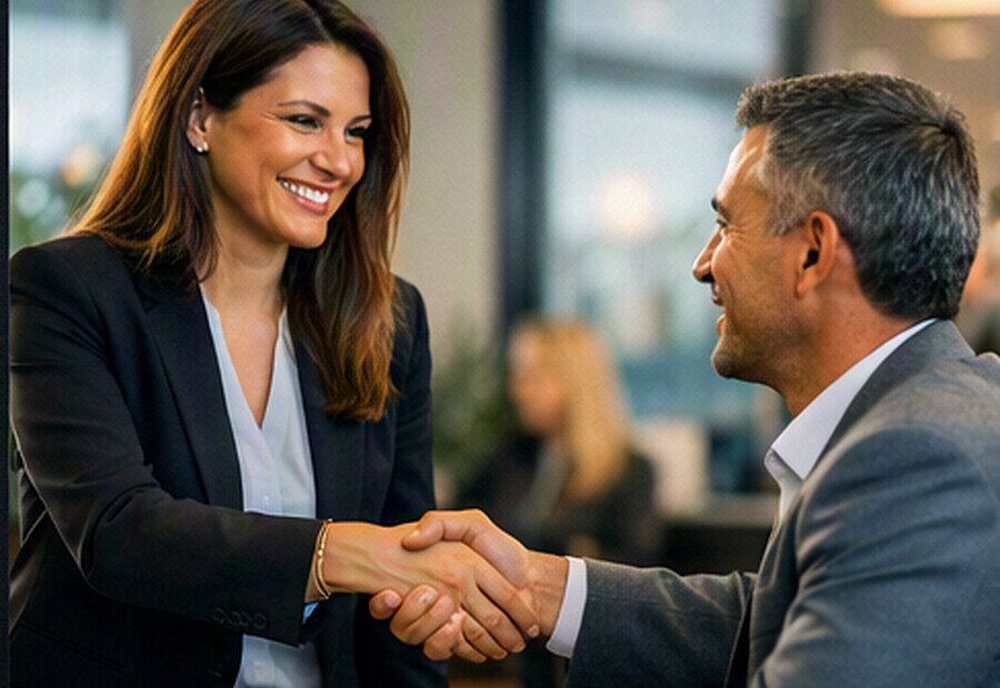 Account manager warmly welcoming back a returning customer with a handshake