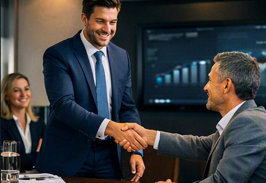 Business owner shaking hands with a new client across a boardroom table after closing a deal