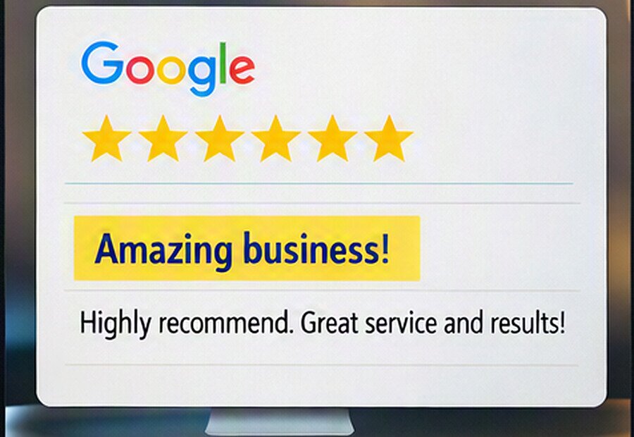 Five star Google review card reading Amazing business, highly recommend