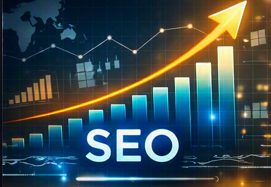 Rising search ranking graph with a glowing upward arrow over SEO performance bars